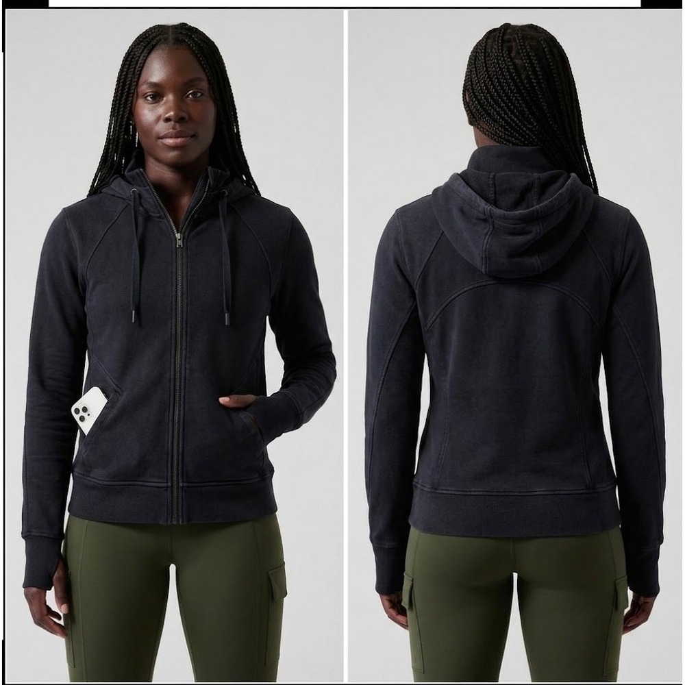 Athleta Sundown Full Zip Hoodie Womens SP Black Raglan Fleece Activewear 486251
